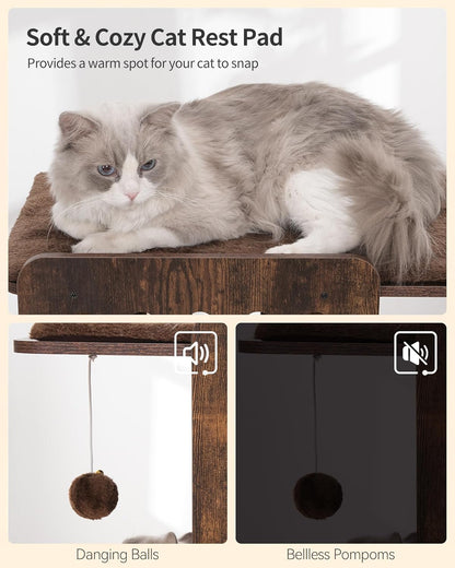 FourFurPets Modern Cat Tree, 58-Inch Cat Tower for Large Cats, Maine Coon Cat Tree with Scratching Board, Large Perch, Hammock and Removable Pads, Rustic Brown