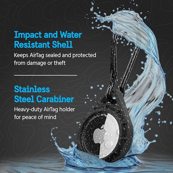 Pelican Protector AirTag Holder - AirTag Keychain w/Stainless Steel Carabiner Clip [Impact Resistant] [Travel Essentials] - Protective Air Tag Case for Dog Collar, Backpack, Keys, Luggage - Black
