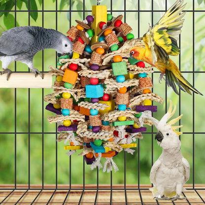 Medium Large Parrot Toys 20in Chewable Bird Toy with Coconut Shell, Poplar Wood, Corn Cob, 112 Schima Wood Beads Bird Shredding Toys Parakeet Macaw Cockatiel Conure African Grey Parrot Gifts