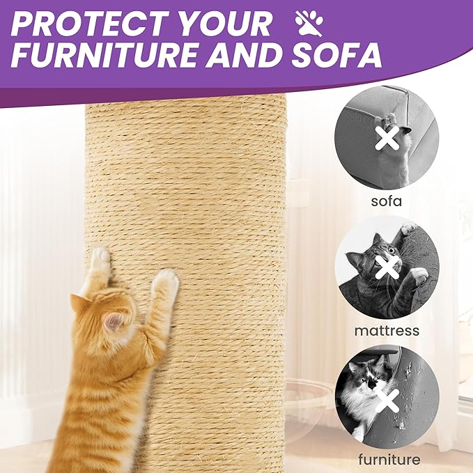58in Large Cat Tree Tower for Indoor Cats with Soft Plush Hang Ball, Two Condos, Sisal Scratch Posts & Rope Play for Kittens/Adult Cats, Purple
