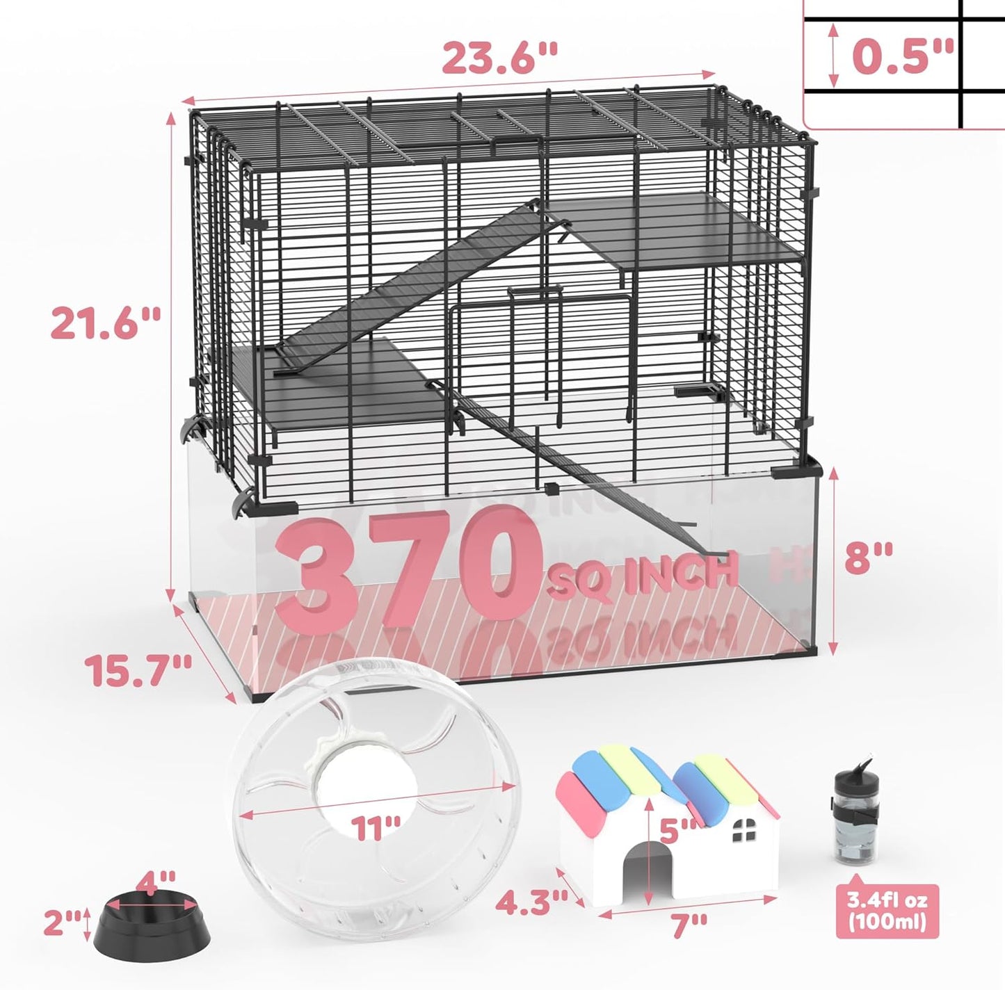 3-Tier Glass Hamster Tank, Large Hamster Cage Habitat with 11inch Big Running Wheel for Rat, Mouse, Gerbil, Syrian Hamster, 370 SQ INCHES