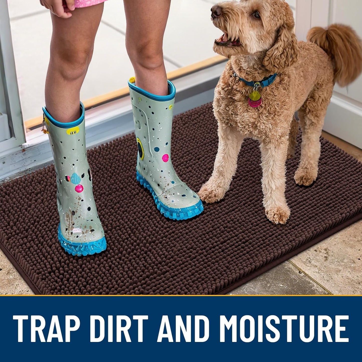 Smiry Dog Door Mat for Muddy Paws 47x32, Absorbs Moisture and Dirt Doormat, Non-Slip Washable Quick Dry Chenille Front Door Mat Indoor Entrance, Entryway Carpet for Inside Floor, Brown