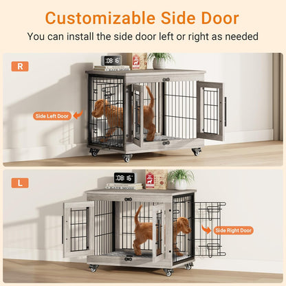 Lulive Small Dog Crate Furniture Set of 2, Dog Kennel Indoor Double Doors Wooden Dog Cage, 27'' Heavy Duty Dog Crate with Cushion & Wheels, End Table Pet House Chew-Resistant Up to 30 lb, Grey