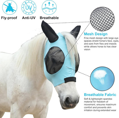 Stretchy Horse Fly Mask for Horses, Soft Lycra Equine Mesh Mask, Elasticity Horse Face Covering, Breathable&UV Protection, Pacific Blue, Cob