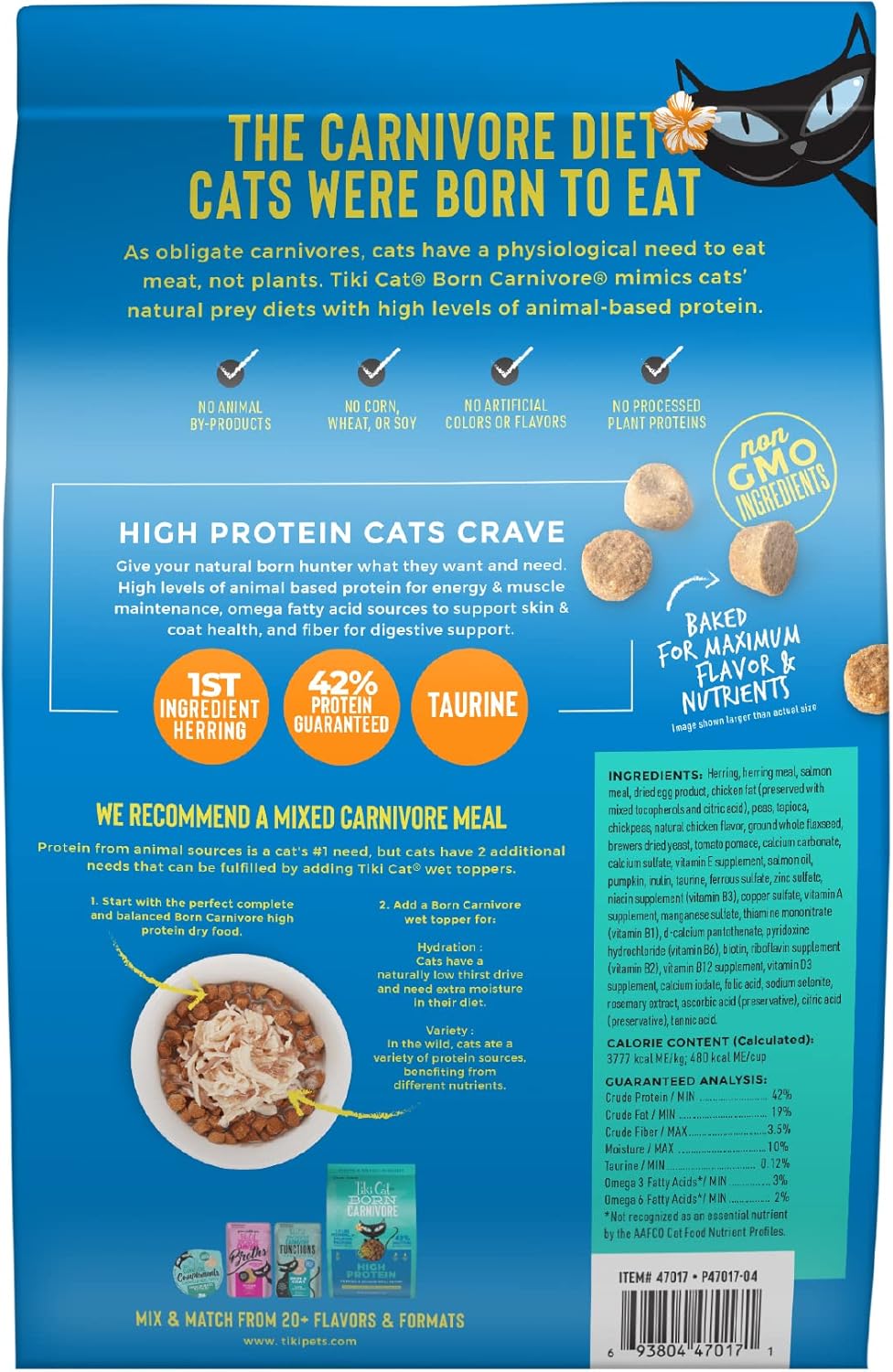 Tiki Cat Born Carnivore High Protein Dry Cat Food, Herring & Salmon Meal, 2.8 lbs. Bag