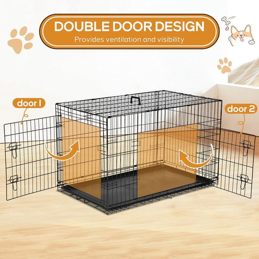 48 Inch Dog Crate Dog Cage for Extra Large Dogs with Divider Panel, Metal Cages with Double Door, Leak-Proof Pan Tray, Folding Portable for Indoor Outdoor Travel
