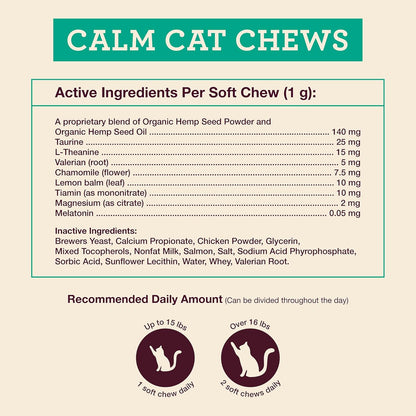 Hemp Well Calm Cat Soft Chews - Anxiety & Stress Relief Formula, Organic Ingredients, Soothes & Relaxes, Improves Behavior, 60 Count