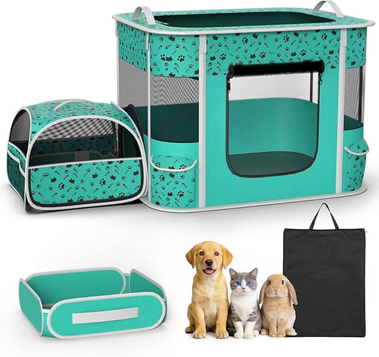 Cat Playpen - Portable Dog Playpen with Litter Box, Foldable Soft Dog Crate for Indoor/Outdoor, Pop Up Cat Enclosure, Collapsible Puppy Kitten Rabbit Cage Tent，2-Room