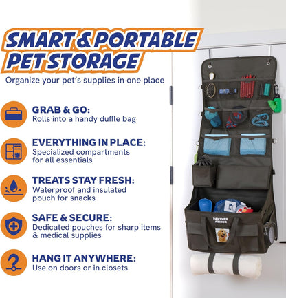 Panther Armor Dog Travel Bag Hanging Dog Organizer & Pet Storage Tote Bag for Supplies | Waterproof Door Storage & Closet Organizer | Food & Treat Container for Travel Accessories