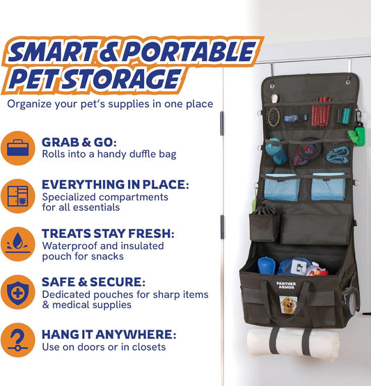 Panther Armor Dog Travel Bag Hanging Dog Organizer & Pet Storage Tote Bag for Supplies | Waterproof Door Storage & Closet Organizer | Food & Treat Container for Travel Accessories