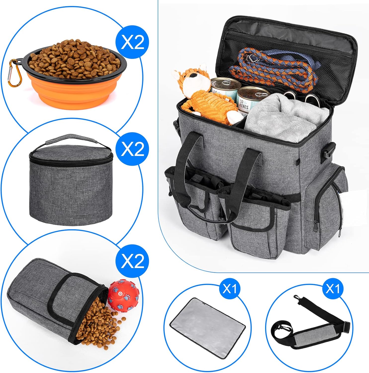 Modoker Dog Travel Bag Backpack, Airline Approved Pet Accessories Organizer for Dog and Cat with Shoulder Strap, 2 Dog Food Storage Containers, 2 Collapsible Dog Bowls,1 Pet Mat, Rose Red - Pawvie