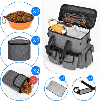 Modoker Dog Travel Bag Backpack, Airline Approved Pet Accessories Organizer for Dog and Cat with Shoulder Strap, 2 Dog Food Storage Containers, 2 Collapsible Dog Bowls,1 Pet Mat, Rose Red - Pawvie