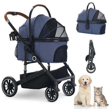 Pet Stroller with 4 Wheels, 3 in 1 Folding Puppy Strollers for Small/Medium Dogs Cats up to 50lbs, Lightweight Pet Travel Carrier with Detachable Cushion, Storage Basket and Cup Holder, Blue - Pawvie