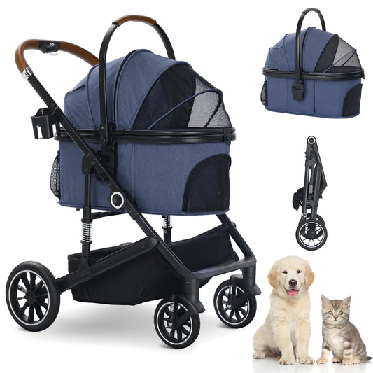 Pet Stroller with 4 Wheels, 3 in 1 Folding Puppy Strollers for Small/Medium Dogs Cats up to 50lbs, Lightweight Pet Travel Carrier with Detachable Cushion, Storage Basket and Cup Holder, Blue - Pawvie