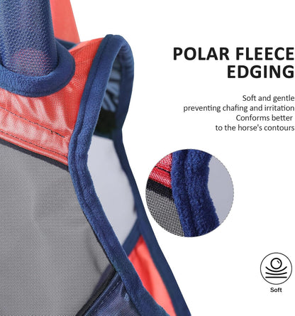 Harrison Howard Pro Luminous Horse Fly Mask Large Eye Space Half Face with Ears UV Protection for Horse Coral Orange/Navy S