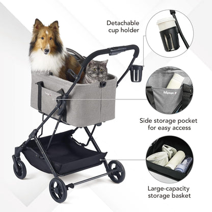 ibiyaya Essential – Travois Tri-Fold Pet Travel System for Medium Dogs, Cats, and More, 3 in 1 Dog Stroller with Detachable Carrier, XL Cabin (Taupe Gray)