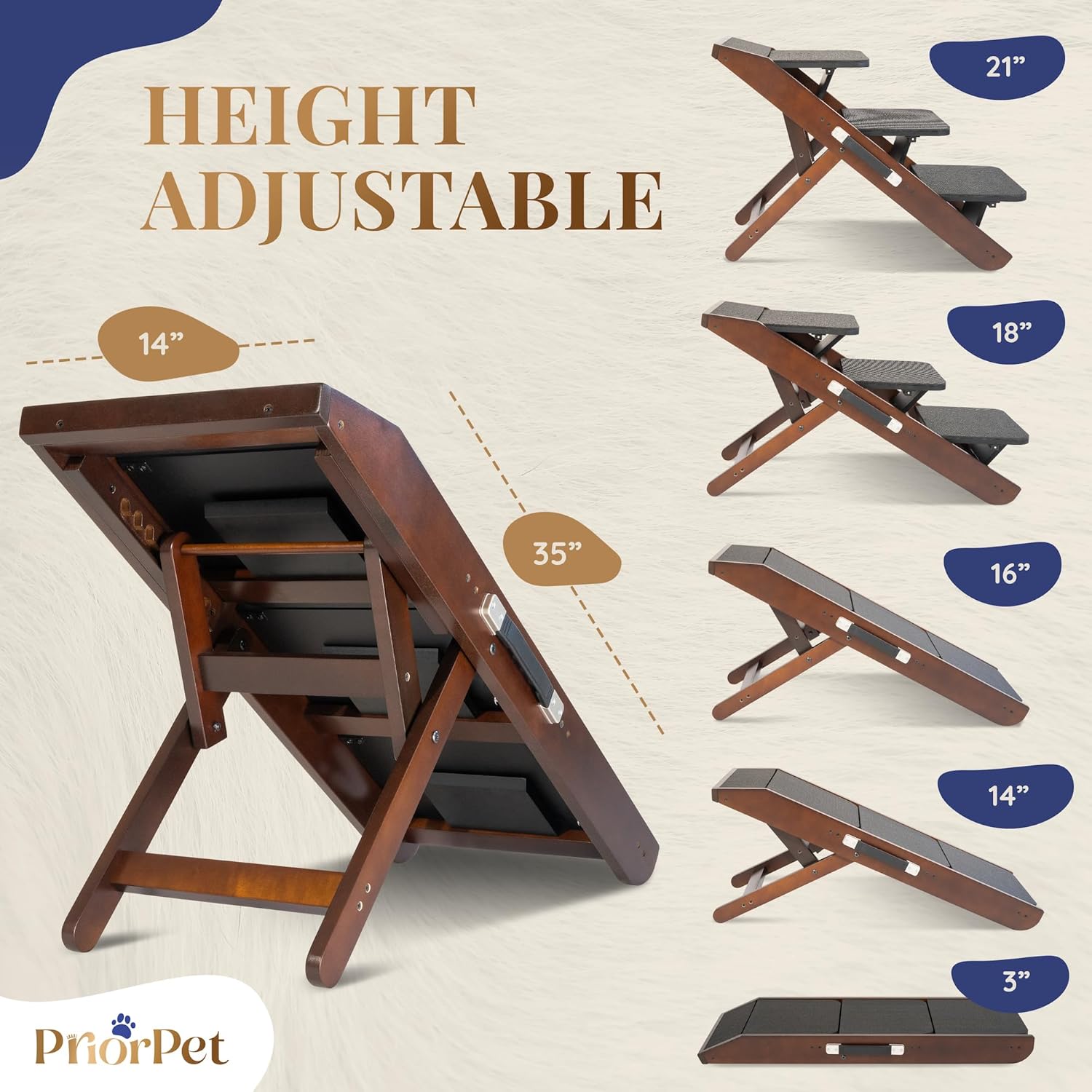 Dog Steps for Bed & Couch 2-in-1 Dog Stairs/Ramp - Height Adjustable Dog Ramp for Couch 7” - 20” - Pet Stairs, Dog Stairs for Small Dogs - Easy to Move Pet Steps with Landing Platform, Walnut - Pawvie