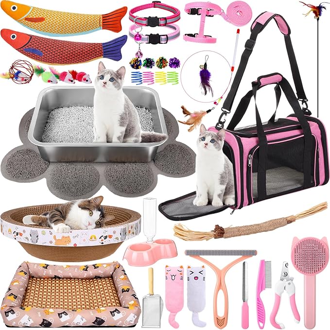 38 Pcs Kitten Supplies Starter Kit Cat Essentials Set Include Cat Scratcher Cardboard Stainless Steel Litter Box Bed Carrier Kitten Toys Accessories for Welcome Gift Supplies