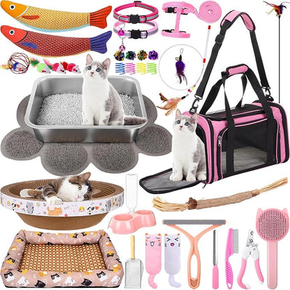 38 Pcs Kitten Supplies Starter Kit Cat Essentials Set Include Cat Scratcher Cardboard Stainless Steel Litter Box Bed Carrier Kitten Toys Accessories for Welcome Gift Supplies