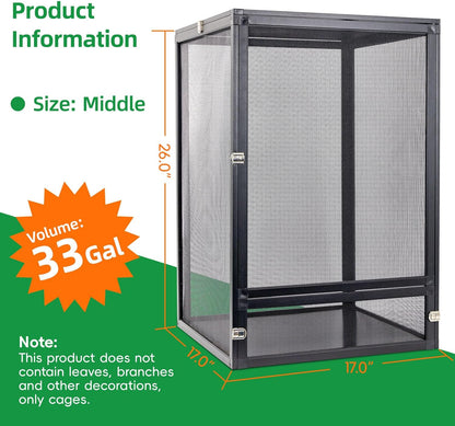 33 Gal Detachable and Foldable Reptile Butterfly Cage Terrarium, 360° Observation, Airflow, Interaction in Gecko Tank for Crested Geckos, Leopard Geckos, Chameleons, Bearded Dragons