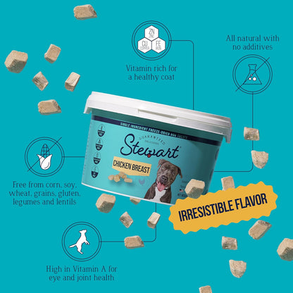 Stewart Chicken Breast Dog Treats, 11.5 oz, ~215 Pieces, Freeze Dried Raw, Single Ingredient, 74% Protein Training Treats or Meal Topper in a Resealable Tub, Grain Free, Gluten Free