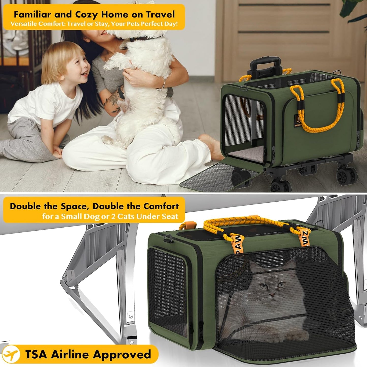 PAWZIDEA Pet Carrier with Wheels, 18x11x11 TSA Airline Approved Cat Carrier for 2 Cats Under Seat, Expandable Soft-Sided Dog Carrier for Small Dogs Rolling Travel Bag with Telescopic Handle, Foldable