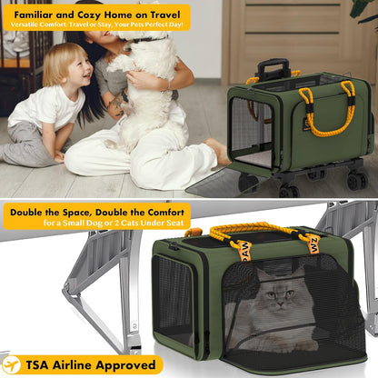 PAWZIDEA Pet Carrier with Wheels, 18x11x11 TSA Airline Approved Cat Carrier for 2 Cats Under Seat, Expandable Soft-Sided Dog Carrier for Small Dogs Rolling Travel Bag with Telescopic Handle, Foldable