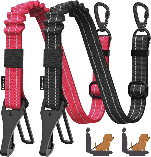 Pawaboo 2Pack Dog Seatbelt for Car, 3-in-1 Dog Seat Belt Bungee, Shockproof Dog Car Tether with Buckle & Hook Latch, Adjustable Reflective Dog Car Harness Leash with 360° Lockable Buckle, Red