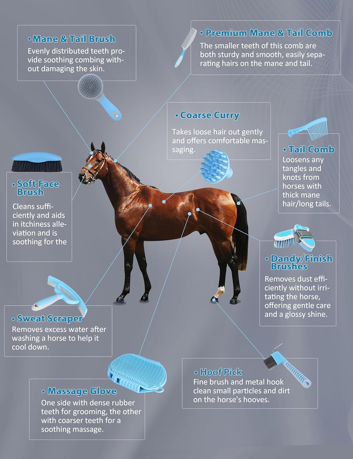 Harrison Howard Horse Grooming Kit 11-Piece Equine Care Series Horse Brush Sets with Organizer Tote Bag Tack Room Supplies Shedding Grooming Massaging Tools Blue Brushstroke Ponies