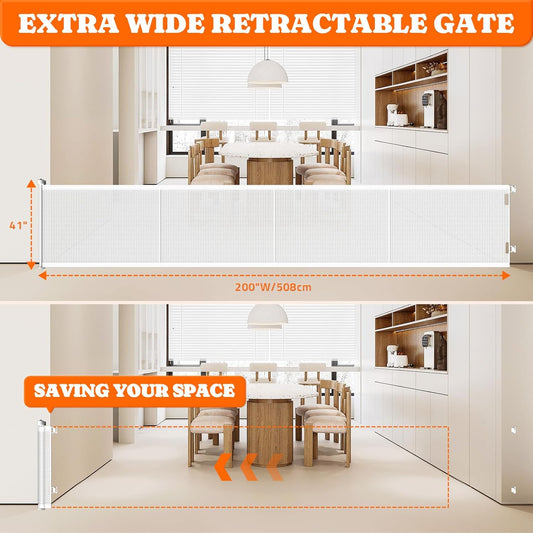 Pawtners Retractable Baby Gates Extra Wide, 41" Tall Extends up to 200" Wide, Dog Gate Indoor for Stairs, Pet Gate with Support Rods for Doorways Hallways Garage Indoor & Outdoor-White
