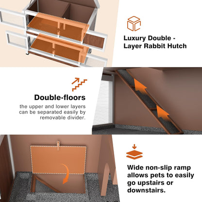 2 Story Rabbit Hutch, Indoor Outdoor Bunny Hutch Solid Wood Rabbit Cage with Removable Trays, Waterproof Asphalt Roofs and Ventilation Door, Small Animal House for Rabbit Guinea Pig Ferret, Walnut