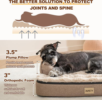 Jiupety Orthopedic Dog Bed for Medium Dogs, Egg-Crate Foam Pet Couch Bed, Washable Pet Sofa with Removable Cover, Waterproof Lining and Anti-Slip Bottom, Brown, 26"x20"x6.5"