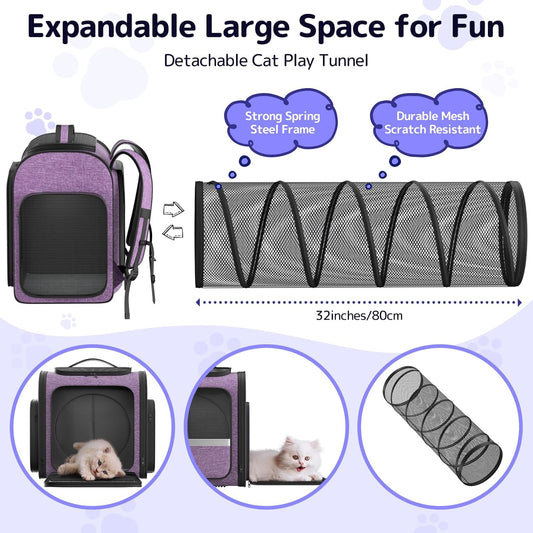 Pawtners Cat Carrier Backpacks Expandable Cat Backpack with Breathable Mesh, Pet Carrier Backpack for Cats Small Dogs Puppies Up to 18 Lbs, Dog Carrier Backpack for Travel Hiking Camping Outdoor - Pawvie