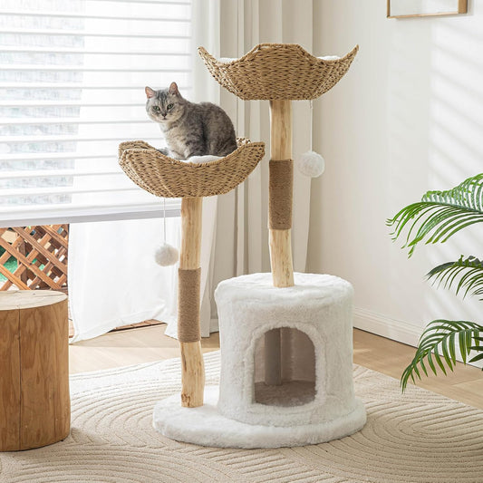 Cat Tree Tower, 46 inch Modern Cat Tree for Indoor Cats Large Adult, Luxury Cat Condo with Scratching Post, Real Solid Wood Branch Indoor Boho Furniture, Climbing Tower, White