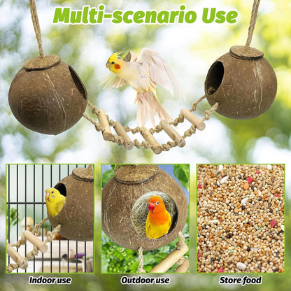 kathson 5Pcs Bird Coconut House with Ladder Parakeet Coconut Nest for Cages Parrot Hut Hanging Natural Coconut Fiber Conure Chewing Toys for Cockatiel Budgie Lovebird Cockatoos