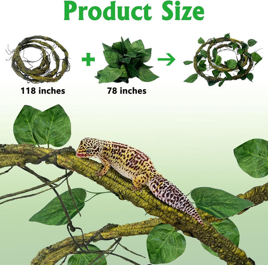 VCEPJH Large Reptile Vines Thick Terrarium Plants 118 Inches Long Flexible Climbing Branch Snake Tank Accessories Greenery Habitat Decor for Bearded Dragon Chameleon Gecko Frog Lizard (L)