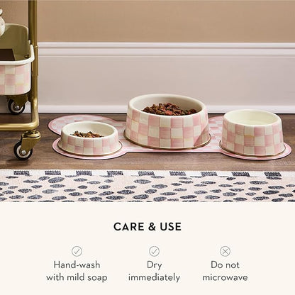 MACKENZIE-CHILDS Enamel Pet Bowl, Cute Cat and Dog Bowl for Food and Water, Medium, Pink-and-White Rosy Check