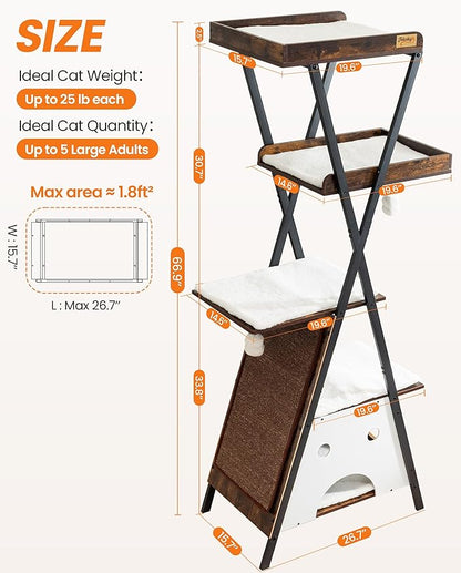 Modern Wood Cat Tree Tower for Indoor Cats Large Adult - 67 Inch Tall Multi-Level Heavy Duty Cat Condo Trees Furniture with Caves Perch Bed Scratching Board - XL Big Sturdy Wooden Kitty House