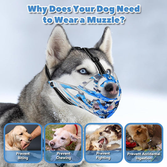 Dog Muzzle for Large Dogs, Medium and X-Large Aggressive Dog, Breathable Basket Muzzles, Suitable for Grooming Trimming Training, Allows Panting Drinking (Camouflage Blue, L)