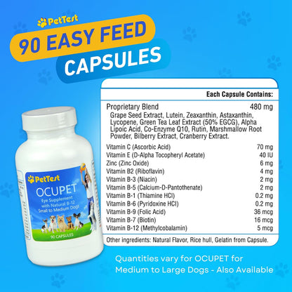 Ocupet Advanced Vision and Eye Health Supplement for Medium to Large Dogs Packed with Natural B12, Grape Seed Extract and Lutein to Support Pets with Diabetes or Eye Related Conditions-90 Capsules