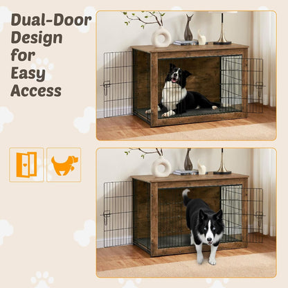 Dog Kennel Furniture, Wooden Dog Crate End Table with Dual Doors, Chew-Proof Design & Cushion, Heavy Duty Dog Crate, Decorative Pet Crate Dog Cage for Indoor (39 Inch)