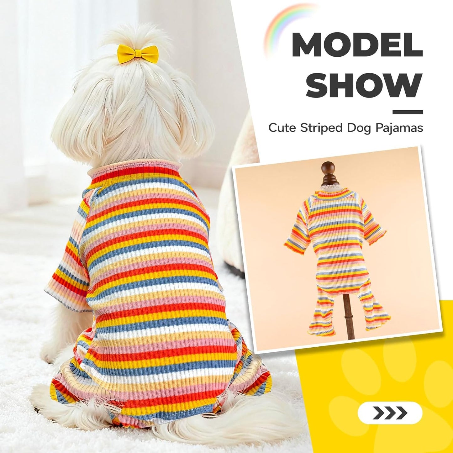 BAEJMJK Striped Dog Pajamas Stretchy Cute Four-Legged Boy Girl Dog Clothes with Sleeves Comfortable Dogs Jumpsuit Colorful Pet Puppy Outfits Apparel for Small Medium Dogs Cats (Yellow,Large)