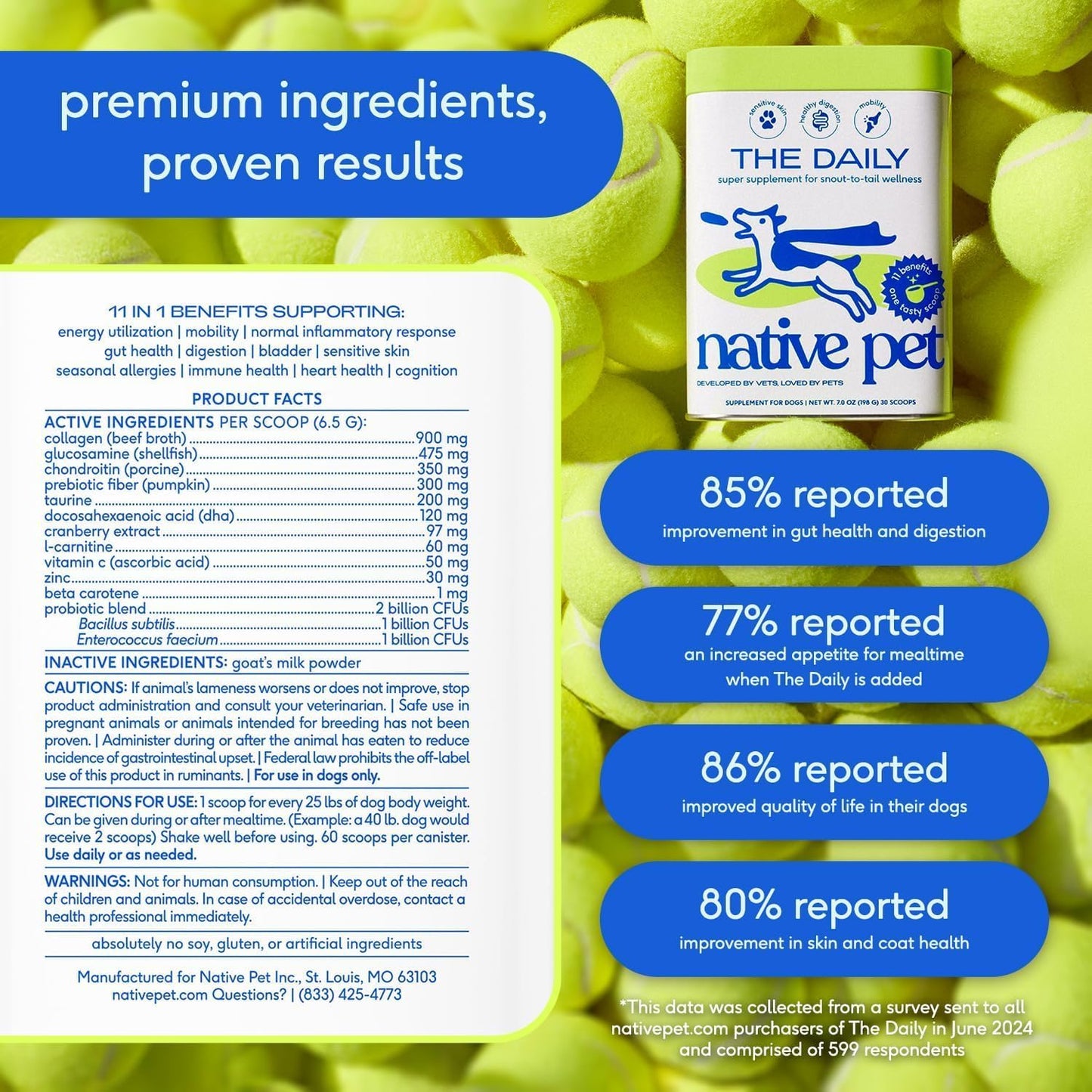 Native Pet Dog Vitamins & Supplements - 11-in-1 Multivitamin Powder for Dogs Food Topper - Collagen, Glucosamine, Probiotics, Omega & More- Supports Healthy Gut, Mobility & Overall Health -90 Scoops