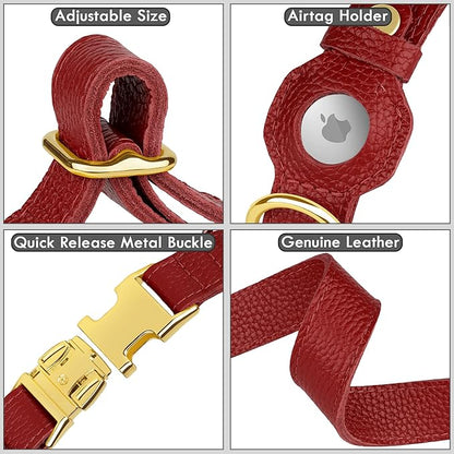 Leather Airtag Dog Collar - Soft Tracking Dog Collar with Apple AirTag Holder and Metal Buckle - Safety GPS Pet Collars for Small Medium Large Dogs Puppy Pink Red (Red, S, 12"-15" Neck Fit)