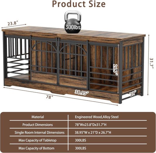 78 Inch Double Dog Crate Furniture, Extra Large Dog Kennel Indoor with Divider, Heavy Duty Dog Cage for 2 Dogs, Decorative Wooden Dog House Decorative Table TV Stand, Pet House for XLarge Dogs,Brown