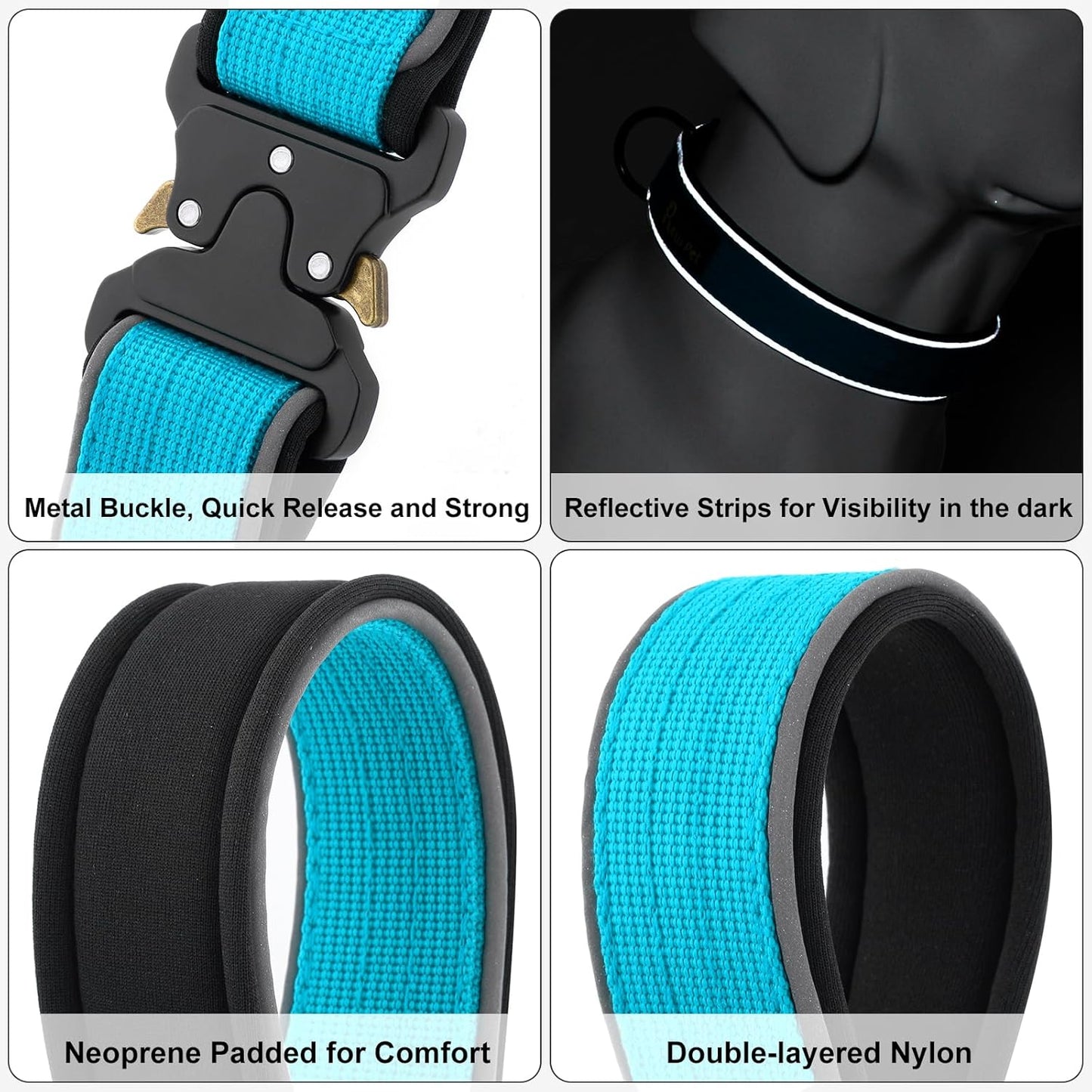 Plutus Pet Tactical Dog Collar, Reflective, Adjustable Heavy Duty Dog Collar, Soft Padded and Comfortable, for Small Medium and Large Dogs (Cyan, L)