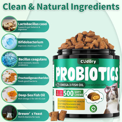 Cat Probiotics Tasty Chews for Digestive & Gut Support - Crunchy & Creamy Texture - Cat Gut Health, Constipation Relief, Healthy Stool, Natural Supplement for Cats, Chicken Flavor - 500 Chews