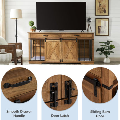72.5" Extra Large Furniture Style Double Dog Crates for Large Breeds, XXL Wooden Dog Kennel Furniture with Drawers, Divider, Water Resistant & Barn Door for 2 Dogs, Rustic Oak