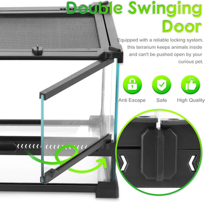 Mini Reptile Glass Terrarium 12"x12"x12" Durable Reptile Habitat Tank with Heat Resistant Aluminum Alloy Frame, Double Swinging Doors with no Jam by Sand and Other Debris - Pawvie