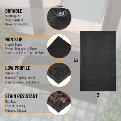 Indoor/Outdoor Hose-Wash Ribbed Design Non-Slip Rubber 3x5 Modern Area Rug for Living Room, Bedroom, Dining Room, Office, 35" x 60", Black